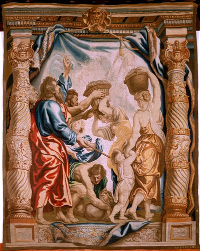 Vlaams wandtapijt. De val van het manna in de woestijn. Serie De Triomf van de Eucharistie. Derde wandtapijt in de serie. Model Peter Paul Rubens. 1626-1628. Manufacture Jan II Raes, Jacob II Geubels, Hans Vervoert, Ja door Peter Paul (after) Rubens