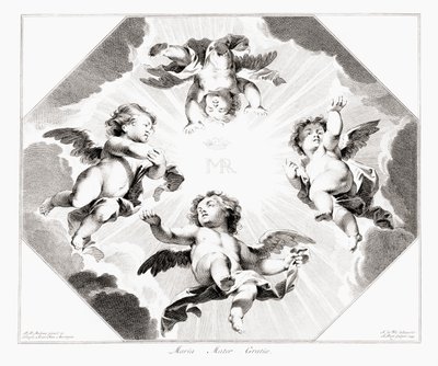 Vier kindengelen vieren de Maagd Maria door Peter Paul (after) Rubens