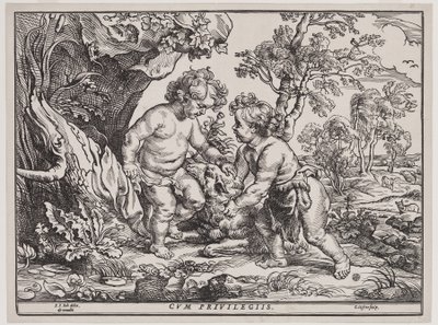 Kind Christus en Sint Jan spelen met een lam, gravure door Christoffel Jegher (1596-1653), na 1632 door Peter Paul (after) Rubens