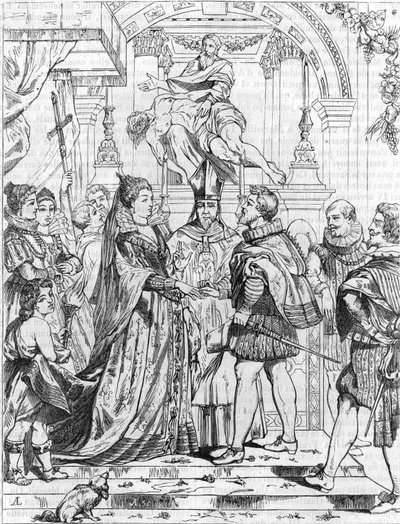 Huwelijk bij volmacht van Marie de Medici (1576-1642) met Hendrik IV in Florence, 5 oktober 1600. Gravure door Pierre Paul Rubens (1577-1640). door Peter Paul (after) Rubens