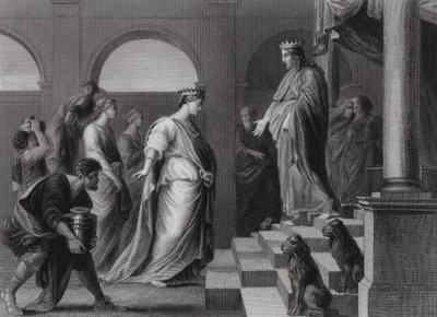 Salomo en de Koningin van Sheba (gravure) door Peter Paul (after) Rubens