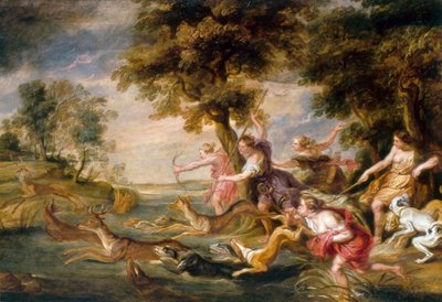 Diana en nimfen jagen op damherten door Peter Paul (follower of) Rubens