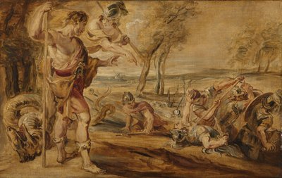 Cadmus, geleid door Minerva, observeert de Spartoi die vechten door Peter Paul Rubens (after)