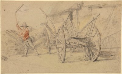 Een man dorst naast een wagen, boerderijgebouwen erachter door Peter Paul Rubens