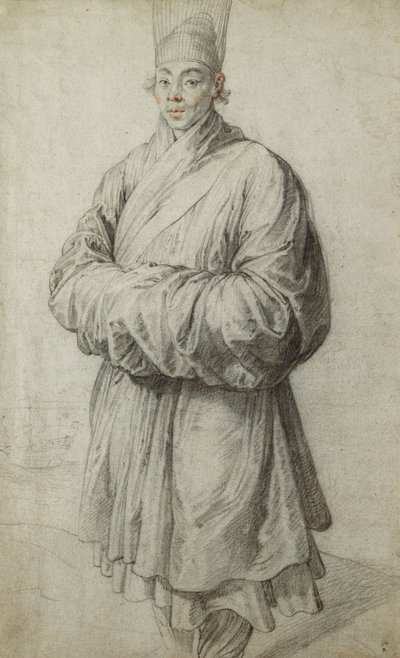 Een man in Koreaanse kleding, met een doorzichtige hoofdtooi van paardenhaar, bijna volledig, een schip links door Peter Paul Rubens