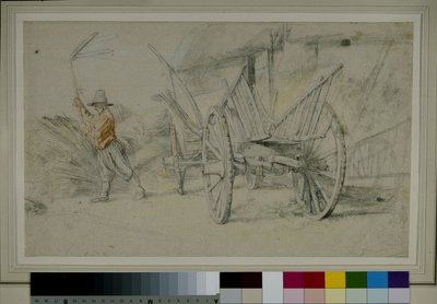 Een man die naast een wagen dorst, boerderijgebouwen op de achtergrond door Peter Paul Rubens