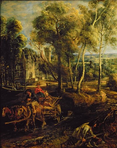 Een Herfstlandschap met een uitzicht op Het Steen in de Vroege Ochtend, ca. 1636 (detail) door Peter Paul Rubens