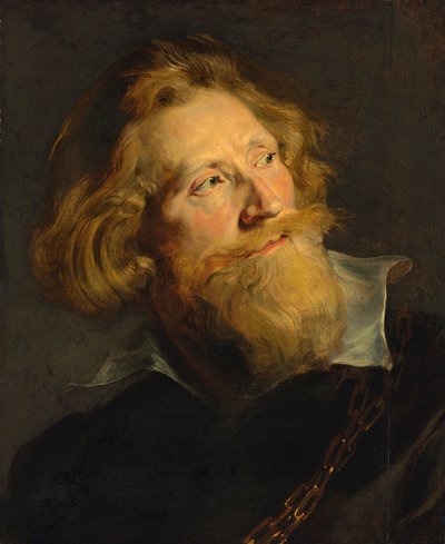 Barok: Portret van een bebaarde man met een witte kraag en gouden kettingen door Peter Paul Rubens