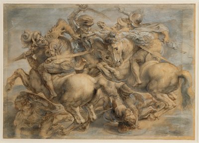 Slag bij Anghiari (bruine inkt, zwarte steen, penseel, pen, opgehoogd met gouache en loodwit) door Peter Paul Rubens