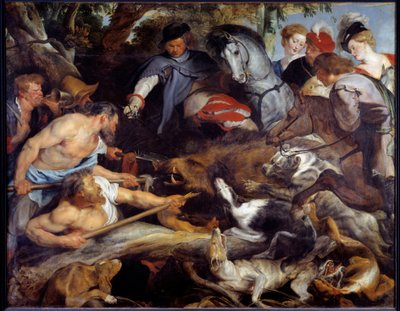 Everzwijnenjacht. Schilderij door Pierre Paul (Pierre-Paul) Rubens (of Peter Paul of Petrus Paulus) (1577-1640) door Peter Paul Rubens