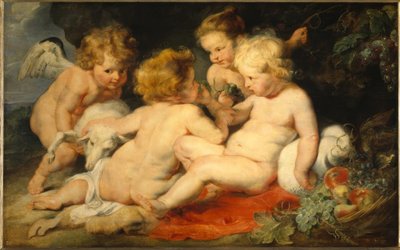 De kleine Jezus met de Johannesjongen en twee Engelen door Peter Paul Rubens