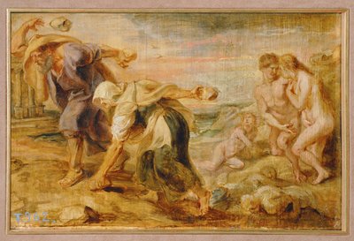 Deucalion en Pyrrha, scheppers van de mensheid na de eerste zondvloed (schilderij op hout) door Peter Paul Rubens