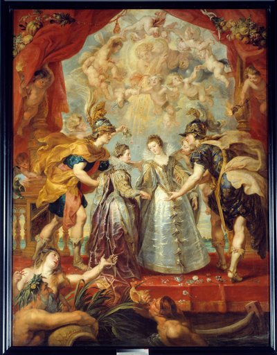 Uitwisseling van de twee prinsessen van Frankrijk en Spanje op de Bidassoa-rivier in Hendaye, 9/11/1615 Allegorische voorstelling van het huwelijk tussen Anna van Oostenrijk en Lodewijk XIII enerzijds, tussen Isabella van Frankrijk (1602-1644) en Filips IV door Peter Paul Rubens