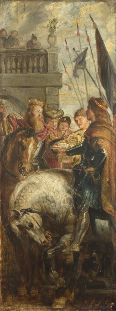 Koningen Clothar en Dagobert discussiëren met een heraut van keizer Mauritius. Schets voor hoogaltaarstuk, Sint-Baafs, Gent, 1611 door Peter Paul Rubens