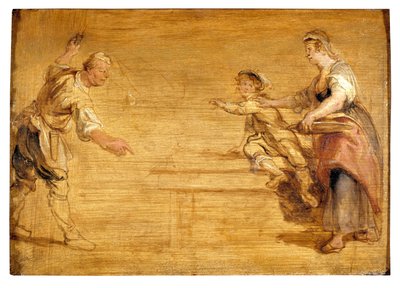 Keukenmeid, slager en jongen rond een tafel door Peter Paul Rubens