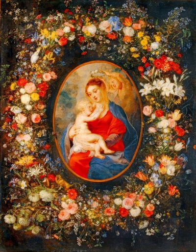 De Maagd, het kind Jezus en engelen te midden van een bloemenkrans door Peter Paul Rubens