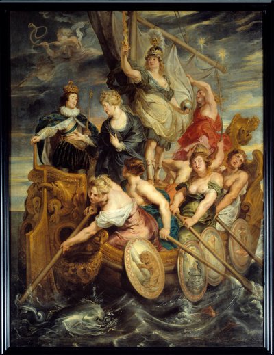 Meerderjarigheid van Lodewijk XIII op 20/10/1614. Allegorie van de machtsovername van de koning, voorstellend een schip geleid door Kracht, Religie en Gerechtigheid. Koningin Maria de