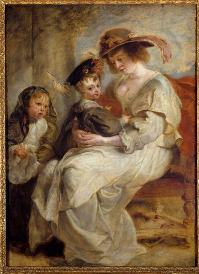 Portret van Helene Fourment (1614-1673), de tweede vrouw van de schilder met de twee kinderen van het paar (1634) door Peter Paul Rubens