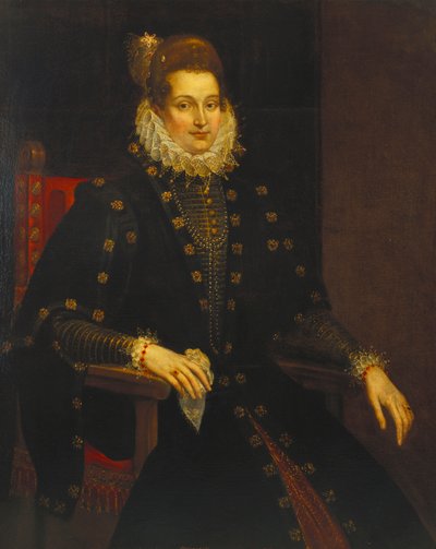 Portret van een dame zittend driekwart lengte in een zwarte jurk met een kraag door Peter Paul Rubens