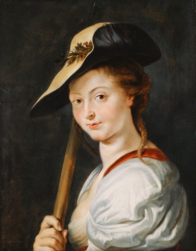 Portret van een jonge vrouw, vermoedelijk Suzanna Fourment, buste lengte, als herderin door Peter Paul Rubens
