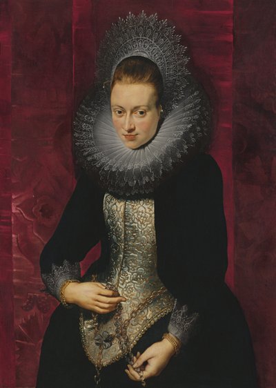 Portret van een jonge vrouw met een rozenkrans door Peter Paul Rubens