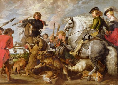 Rubens zijn tweede vrouw en zoon in een wolf- en vossenjacht, naar een origineel van Rubens door Peter Paul Rubens