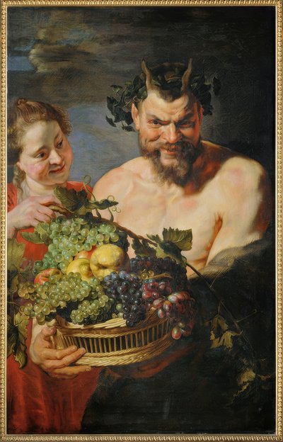 Satyr en meisje met fruitmand door Peter Paul Rubens