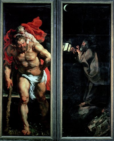 St. Christoffel en de kluizenaar, buitenluiken van de Kruisafneming drieluik, 1611-14 door Peter Paul Rubens