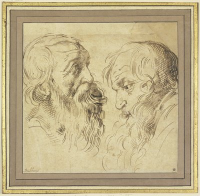 Studieblad: twee bebaarde hoofden in profiel, naar rechts en naar links door Peter Paul Rubens
