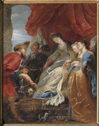 De koningin van de Scythen Thomyris dompelt het hoofd van Cyrus de Grote in een vaas gevuld met bloed om haar zoon te wreken door Peter Paul Rubens