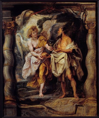 De profeet Elia ontvangt brood en water van een engel door Peter Paul Rubens