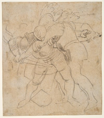 Twee gepantserde soldaten vechten; een hond door Peter Paul Rubens