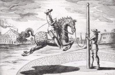 Een Paard en Capriole uit Nieuw Verhandeling voor het Fokken van Paarden geschreven door Winters, Stuterey en Reit-Schul, gegraveerd door de kunstenaar, uitgegeven 1672 door Peter Paul Troschel