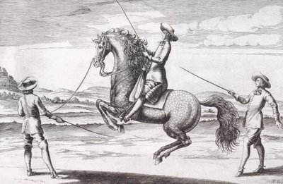 Illustratie van een paard en Croupade uit Nieuw Verhandeling voor het Fokken van Paarden geschreven door Winters, Stuterey en Reit-Schul, pub. 1672 door Peter Paul Troschel