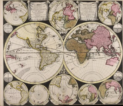 Diversa orbis Terrae visu incedente per coluros Tropicorum ambos ejus polos et particularis sphaerae zenith in planum orthographica projectio quibus additae pro variato horizonte omnium positiones eorumdemque mutua cum circulis caelestibus relatio  Plat O door Peter Schenk the Elder
