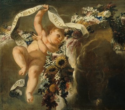 Putto met bloemenkrans en spreukband door Peter Strudel