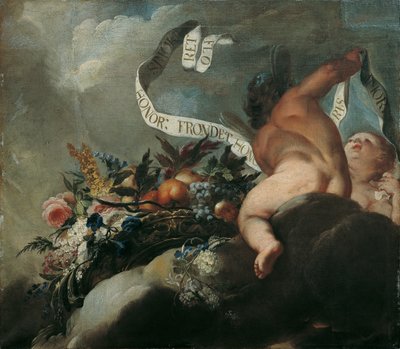Twee putti met bloemen, vruchten en spandoek door Peter Strudel
