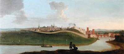 Uitzicht op Chester, Met Twee Figuren Bij De Rivier Op De Voorgrond door Peter Tillemans