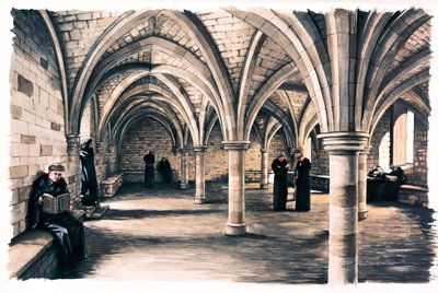 Monniken in de gemeenschappelijke ruimte van Battle Abbey, East Sussex, 12e eeuw c. 1990-2010 door Peter Urmston
