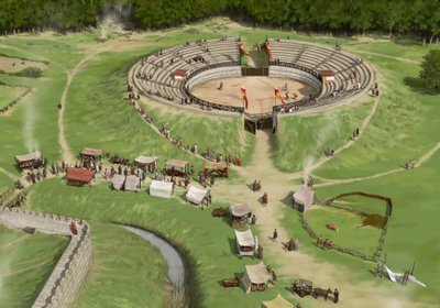 Toeschouwers arriveren bij het Romeinse amfitheater van Silchester, ca. 250 AD, ca. 1990-2010 door Peter Urmston
