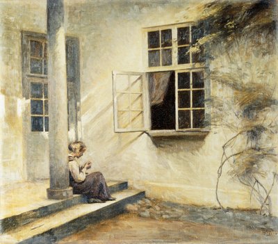 Een meisje zittend op een veranda, Liselund door Peter Vilhelm Ilsted