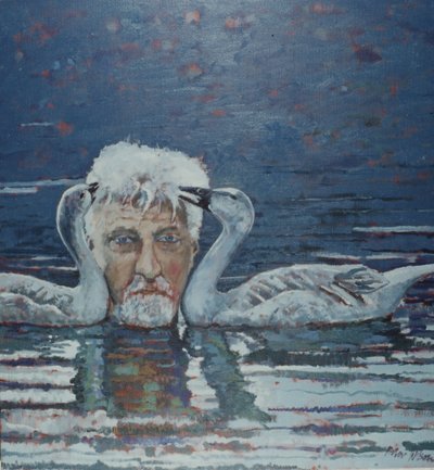 Conrad Lorenz met ganzenkuikens, 2000 (olieverf op doek) door Peter Wilson