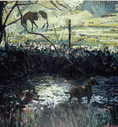 Pony en hond in een veld, 2000 (olieverf op doek) door Peter Wilson