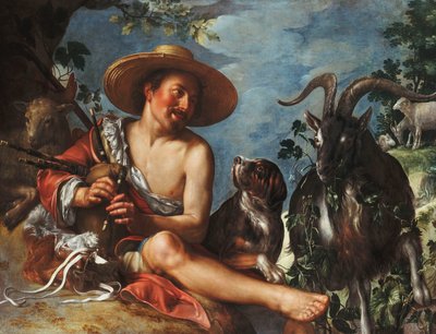 Een herder die op een heuvel fluit, een hond en zijn kudde in de buurt door Peter Wtewael