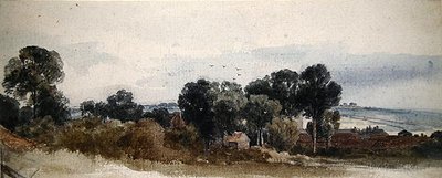 Een boslandschap met huisjes door Peter de Wint
