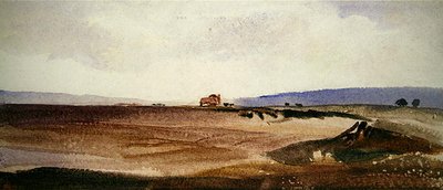 Een open landschap met een kar in de verte door Peter de Wint