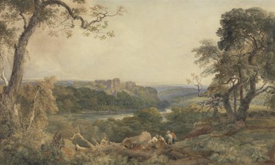 Kasteel boven een rivier, houthakkers op de voorgrond door Peter de Wint