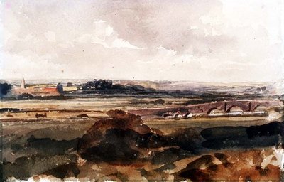Uitgestrekt landschap met een stenen brug door Peter de Wint