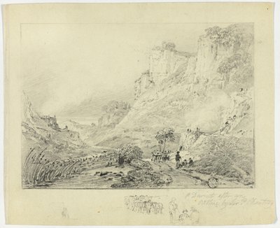 Figuren en paardenkar in landschap met kliffen door Peter de Wint