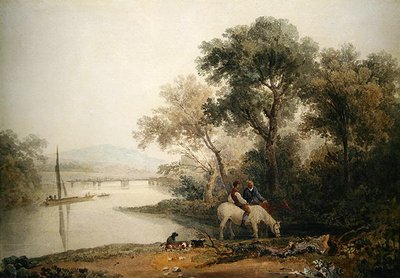 Boeren die hun paarden bij de rivier water geven, een toren op de achtergrond door Peter de Wint